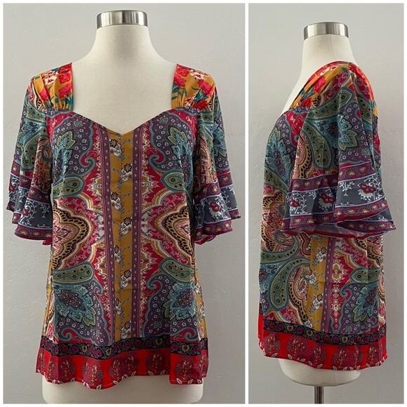 Umgee Mixed Floral Paisley Top Women's S Boho Ruffle Patchwork Vibrant Colorful - Picture 1 of 11
